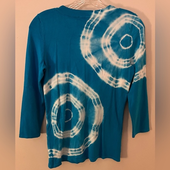 INC Women’s Turquoise Top, w/Bling Neckline 3/4 Sleeve Tie Dye Spirals; Size S - Picture 2 of 7